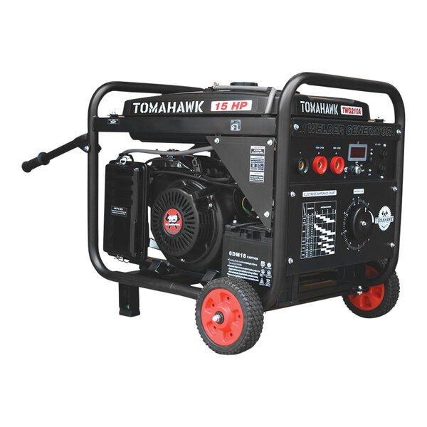 A black Tomahawk portable welder generator with red wheels.