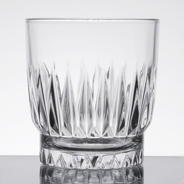 A close up of a Libbey Winchester Rocks glass with a diamond pattern.