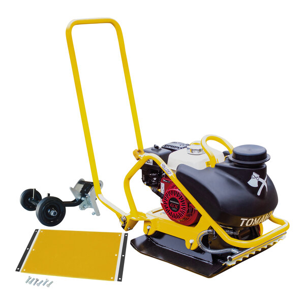 A yellow and black Tomahawk plate compactor with wheels.