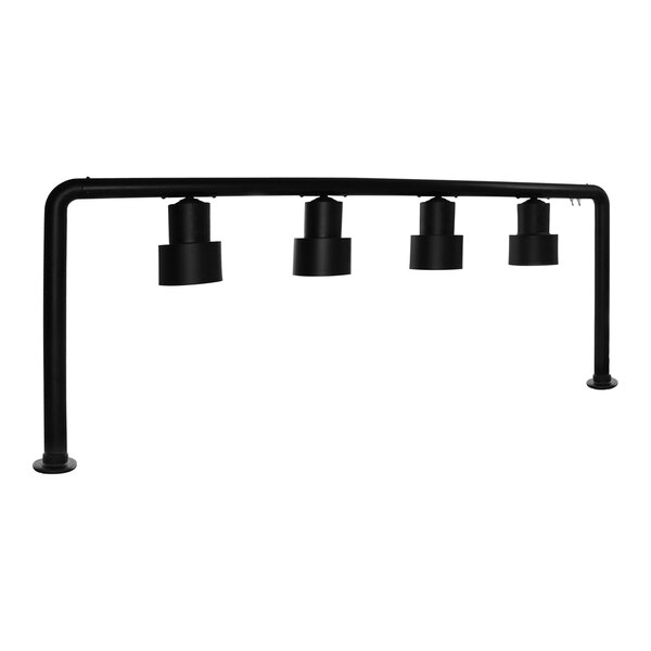 A black metal Hanson Heat Lamps 4-bulb heat lamp with black shades.