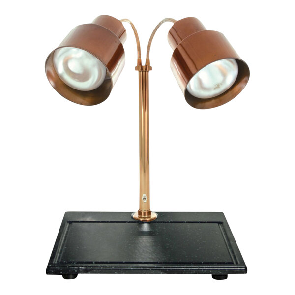 A Hanson Heat Lamps carving station with copper lamps on a black stand.