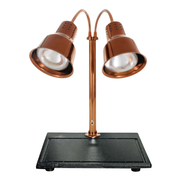A Hanson Heat Lamps carving station with a metal base and copper lamps.