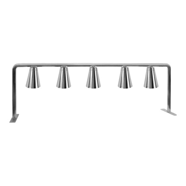 A row of stainless steel Hanson Heat Lamps with five bulbs on a metal bar.