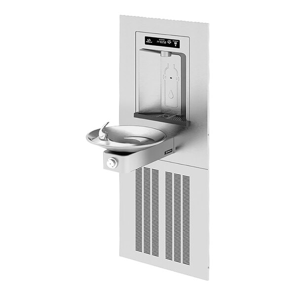 A Haws stainless steel RIVIVE Hydration Station with a drinking fountain.