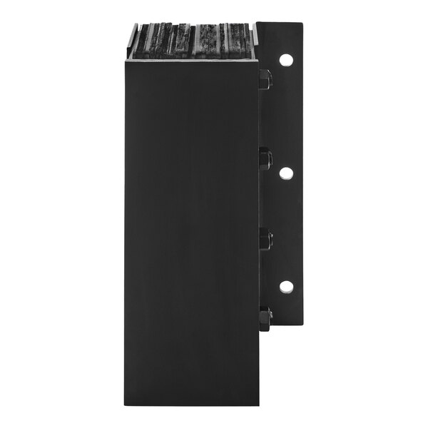 A black rectangular steel-faced dock bumper with 2 holes.