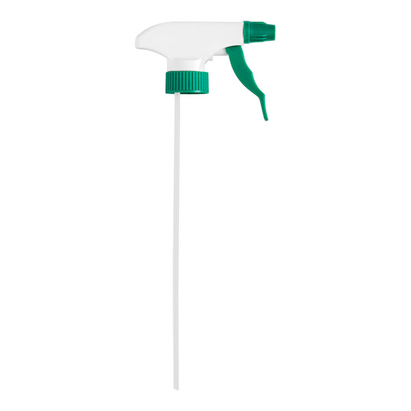 A white and green Lavex spray bottle trigger with a green handle.