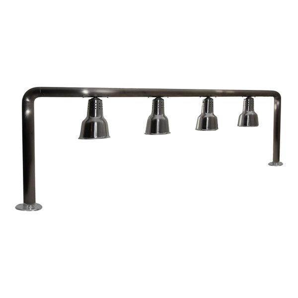 A stainless steel metal bar with four Hanson Heat Lamps.