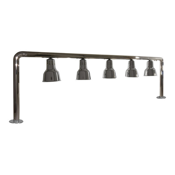 A row of five silver Hanson Heat Lamps.