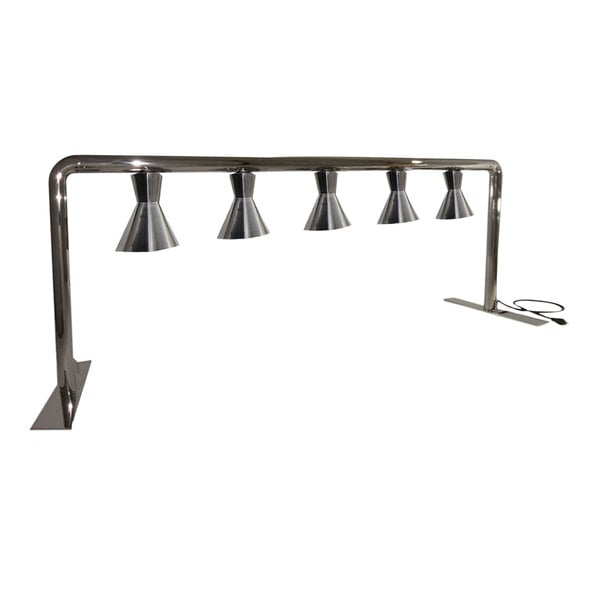 A silver metal Hanson Heat Lamp with five bulbs on a metal bar.