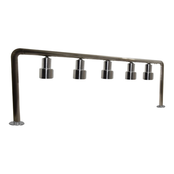 A stainless steel metal bar with five heat lamps on a countertop.