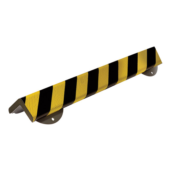 A close-up of a black and yellow striped Ideal Warehouse Knuffi corner guard.