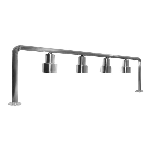 A stainless steel metal bar with four Hanson Heat Lamps.