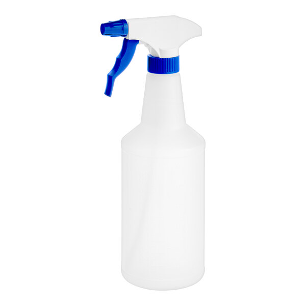 A white spray bottle with a blue nozzle.