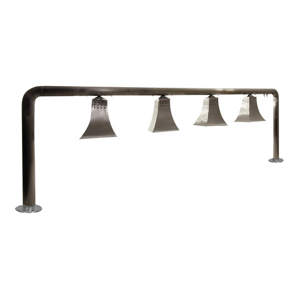 A stainless steel metal bar with four heat lamps on it.