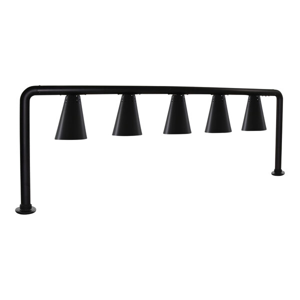 A black metal Hanson Heat Lamp bar with five black heat lamps on it.