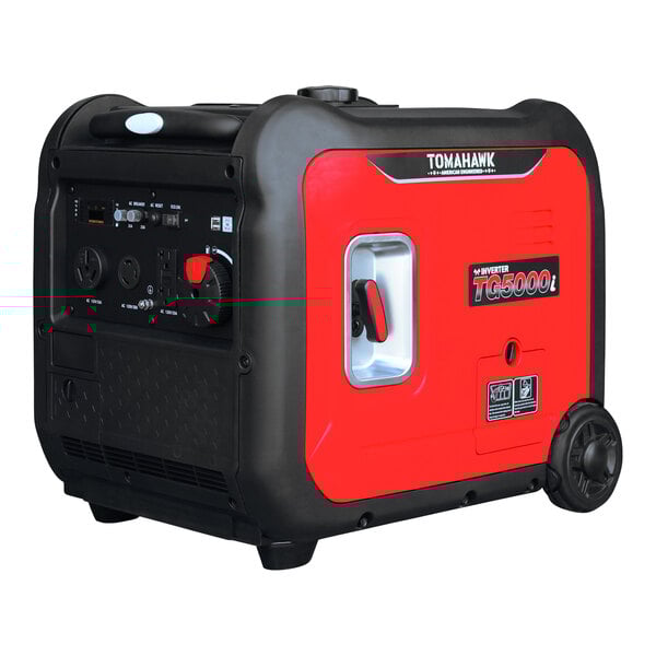 A red and black Tomahawk portable inverter generator with electric push start.