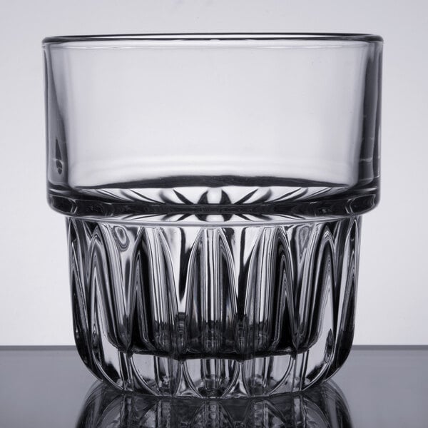 A close-up of a Libbey Everest stackable rocks glass with a clear surface.