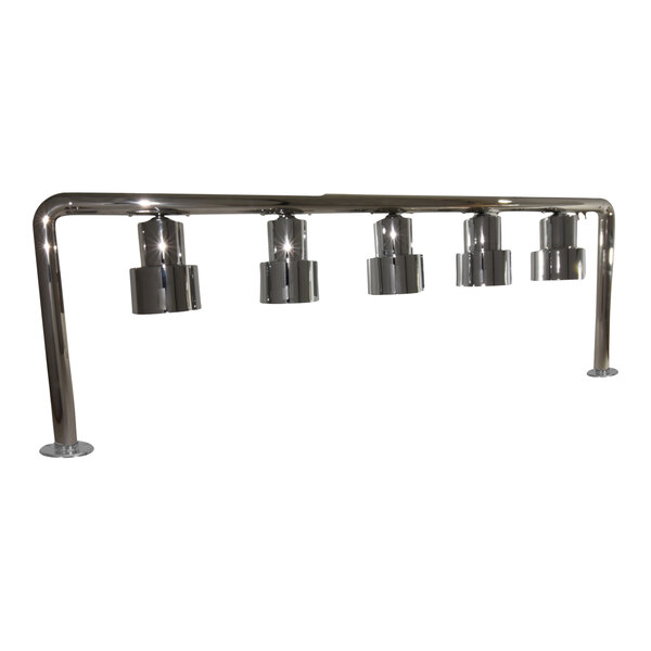 A chrome metal bar with five Hanson Heat Lamps.