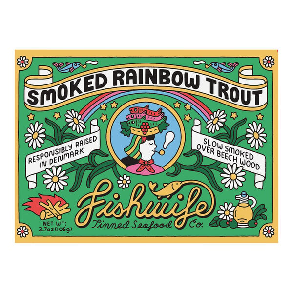 A green and yellow Fishwife label on a can of smoked rainbow trout.