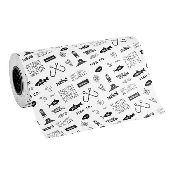 A white roll of Choice Fresh Catch Butcher Paper with black fish and fishing symbols.