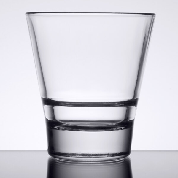 A close-up of a Libbey Endeavor stackable rocks glass.