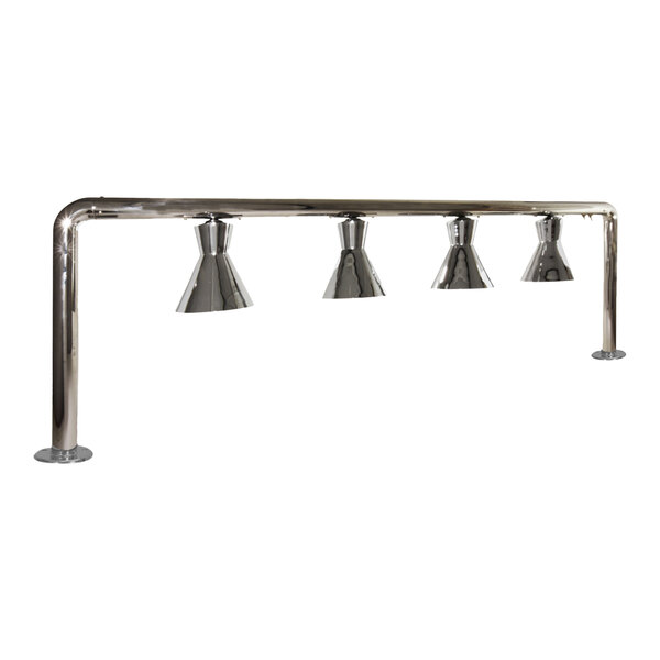 A chrome metal bar with four 300-style heat lamps attached.