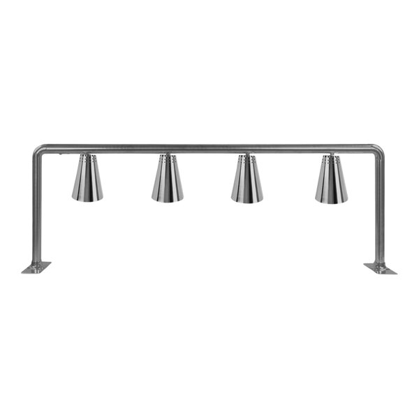 A stainless steel metal bar with four Hanson Heat Lamps on it.