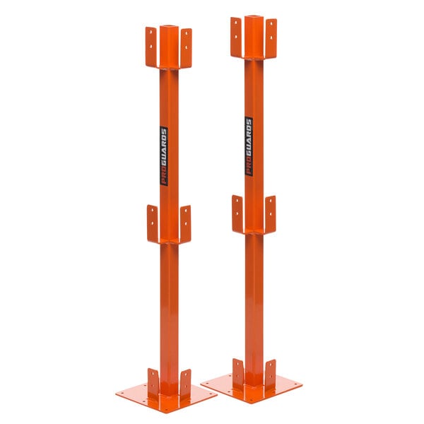 An Ideal Warehouse ProGuard temporary guardrail post kit with two orange metal posts and metal brackets.