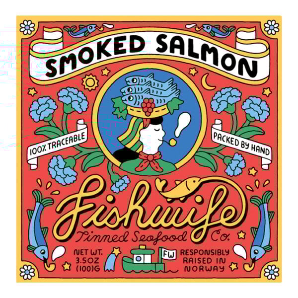 A Fishwife Smoked Atlantic Salmon can with a colorful label featuring a woman in a hat.