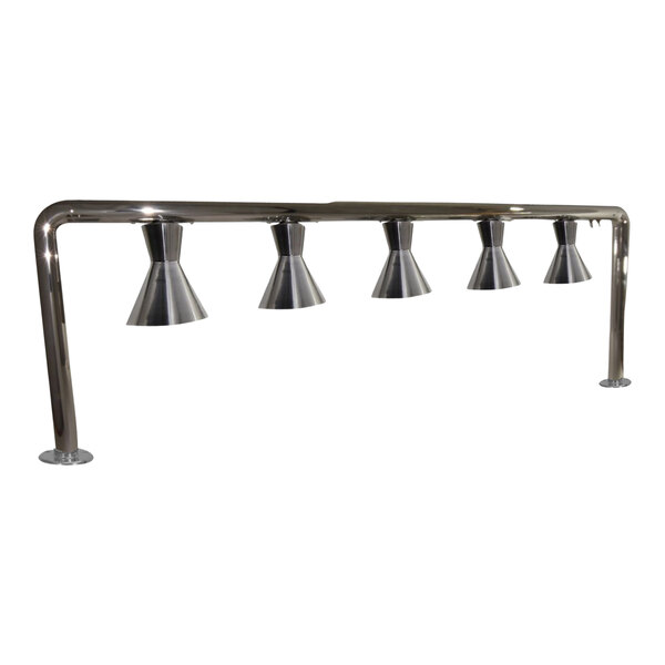 A metal bar with five heat lamps attached.