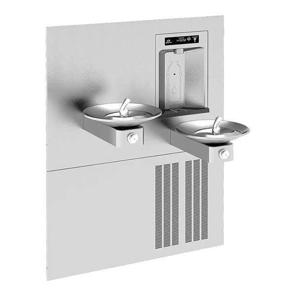 A stainless steel Haws RIVIVE Hydration Station with two drinking fountains.