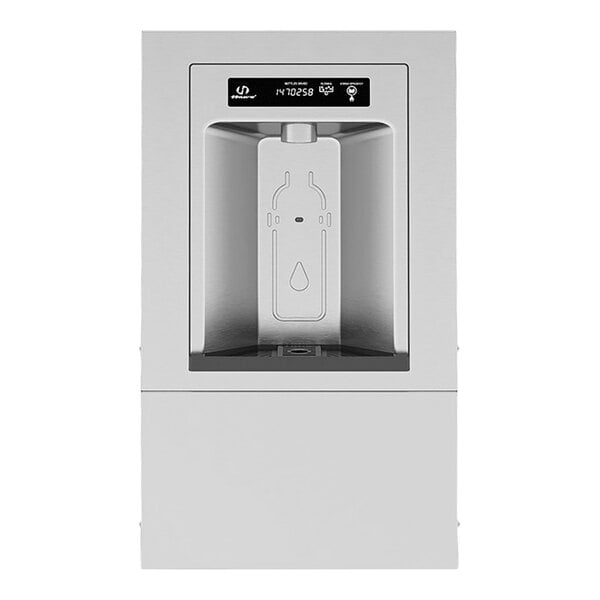 A Haws stainless steel recessed bottle filler with a water dispenser.