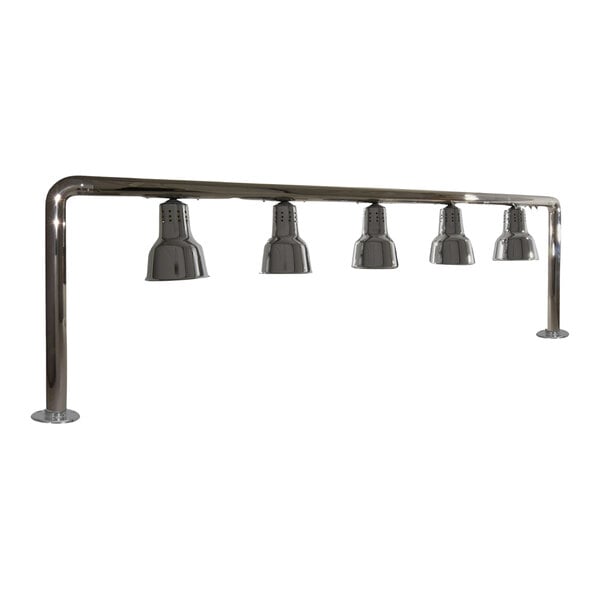 A row of five silver Hanson Heat Lamps.