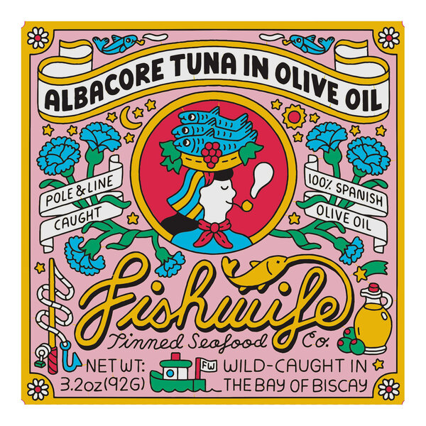 A case of 12 Fishwife Albacore Tuna cans in olive oil with a label for olive oil on a white background.