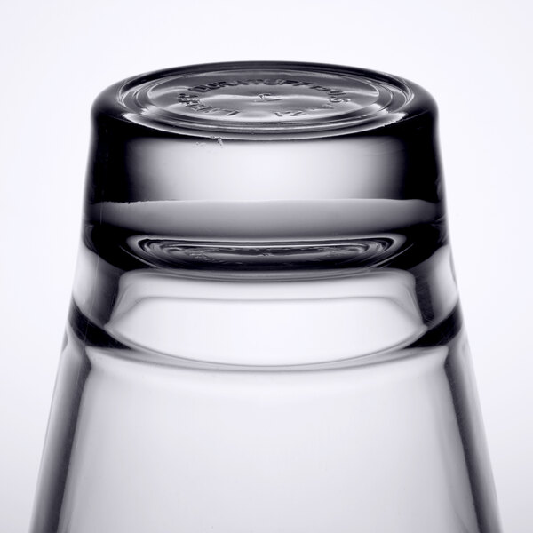 A close up of a Libbey stackable rocks glass.