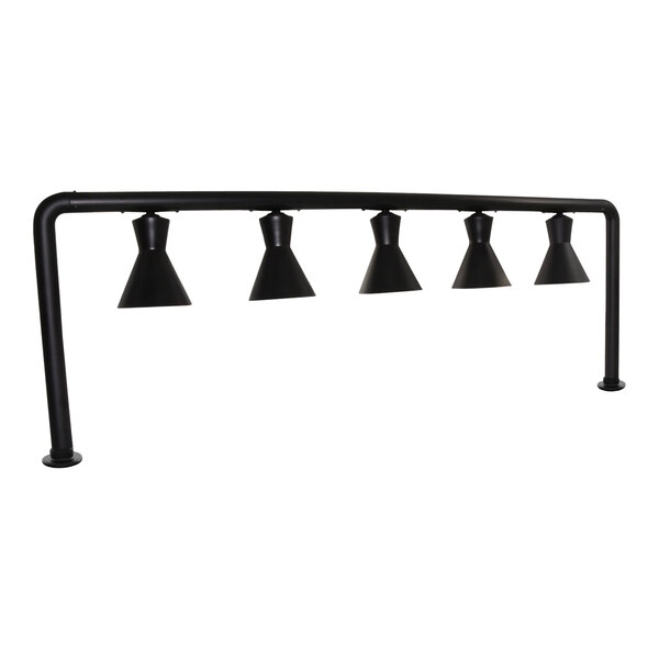 A black metal bar with five Hanson Heat Lamps.