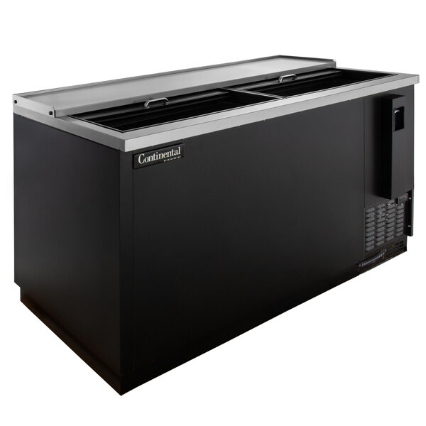 A Continental Refrigerator black horizontal bottle cooler on a counter.