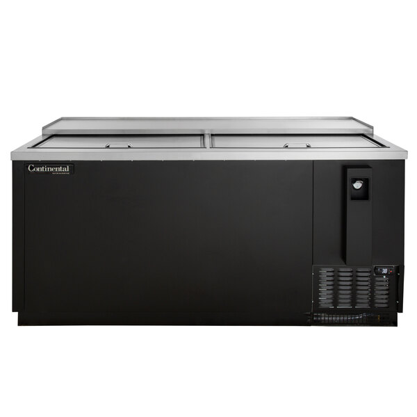 A Continental Refrigerator black horizontal bottle cooler with a glass top.