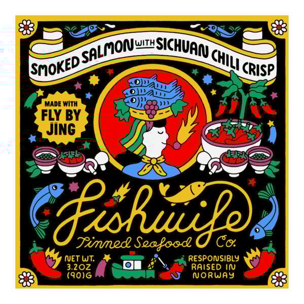 A black and yellow Fishwife label on a white background.
