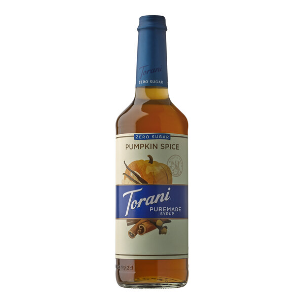 A bottle of Torani Puremade Zero Sugar Pumpkin Spice syrup.