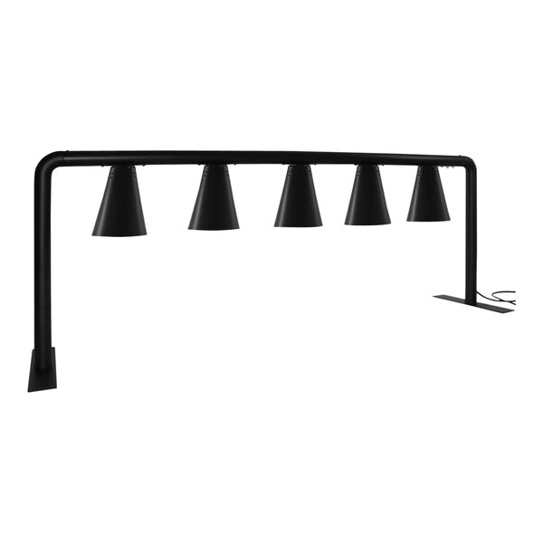 A black freestanding Hanson Heat Lamp with five black shades over bulbs.