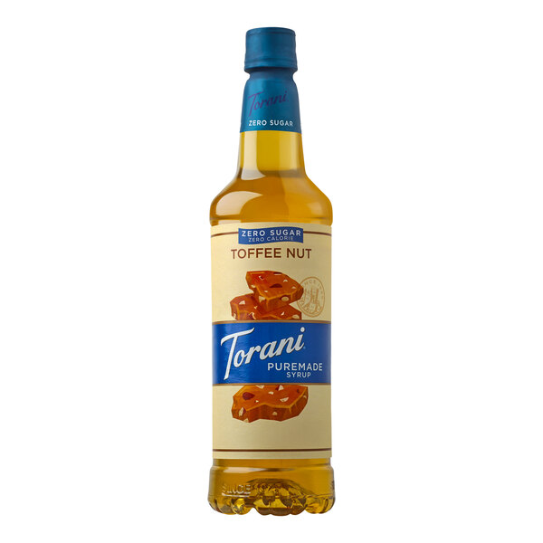 A Torani Puremade Zero Sugar Toffee Nut flavoring syrup plastic bottle.