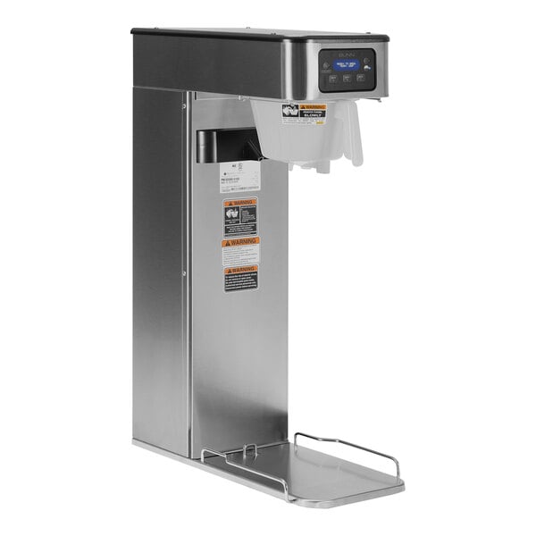 A stainless steel Bunn Infusion tea brewer with a digital display on a counter.