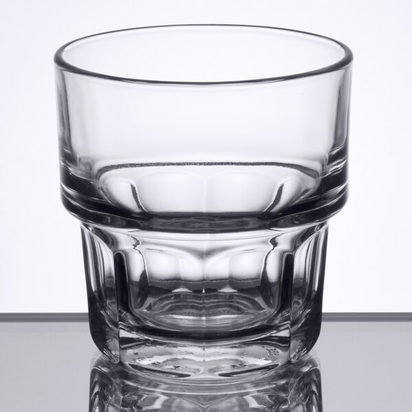 A Libbey Gibraltar stackable rocks glass with a low rim.