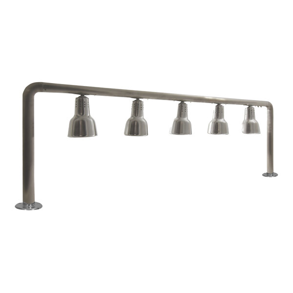 A close-up of a stainless steel Hanson Heat Lamp with five light fixtures.