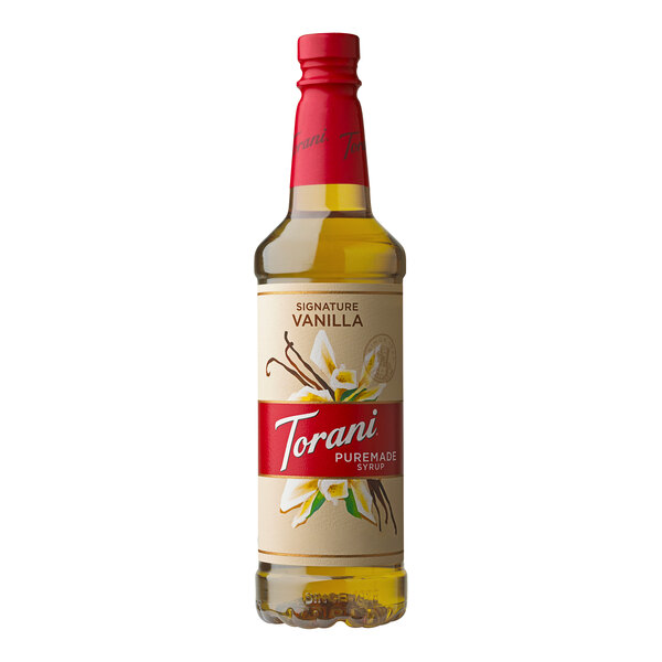 A close up of a Torani Puremade Signature Vanilla Flavoring Syrup bottle with a red cap.