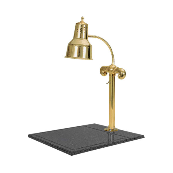 A brass Hanson Heat Lamps carving station with a black base.
