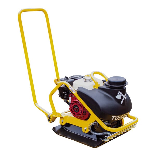A yellow and black Tomahawk plate compactor with a Honda engine.