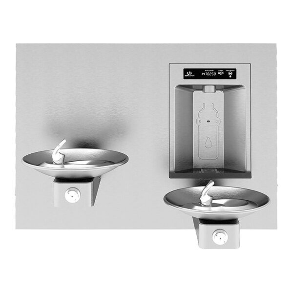 A Haws stainless steel recessed bottle filler and drinking fountain with two water fountains.