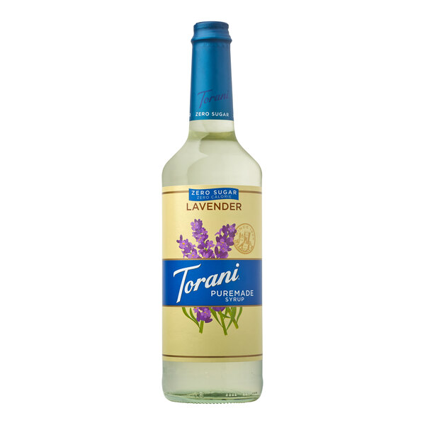 A Torani 750 mL glass bottle of lavender syrup.